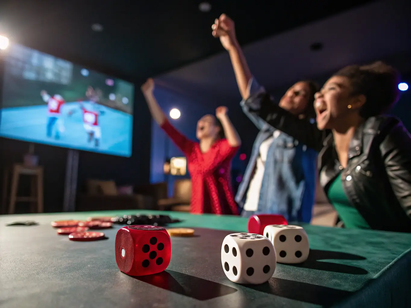 A vibrant image showcasing a craps table with dice in mid-air, surrounded by excited players in a casino setting, emphasizing the thrill and social aspect of dice games at 3333bet casino.