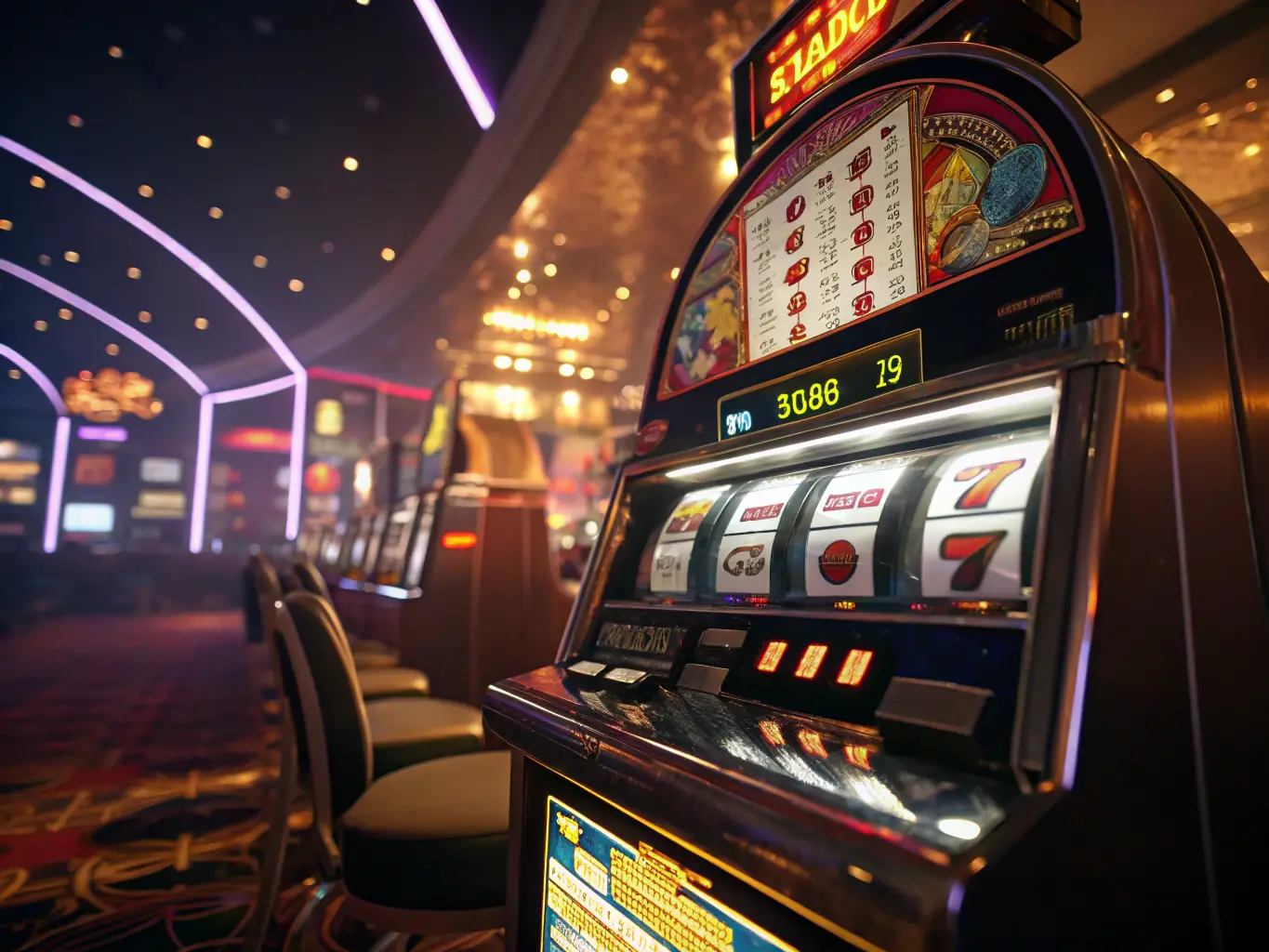 A visually appealing image of various themed slot machines with different symbols and bonus features, set against a backdrop of a luxurious casino, highlighting the variety and excitement of slots at 3333bet casino.