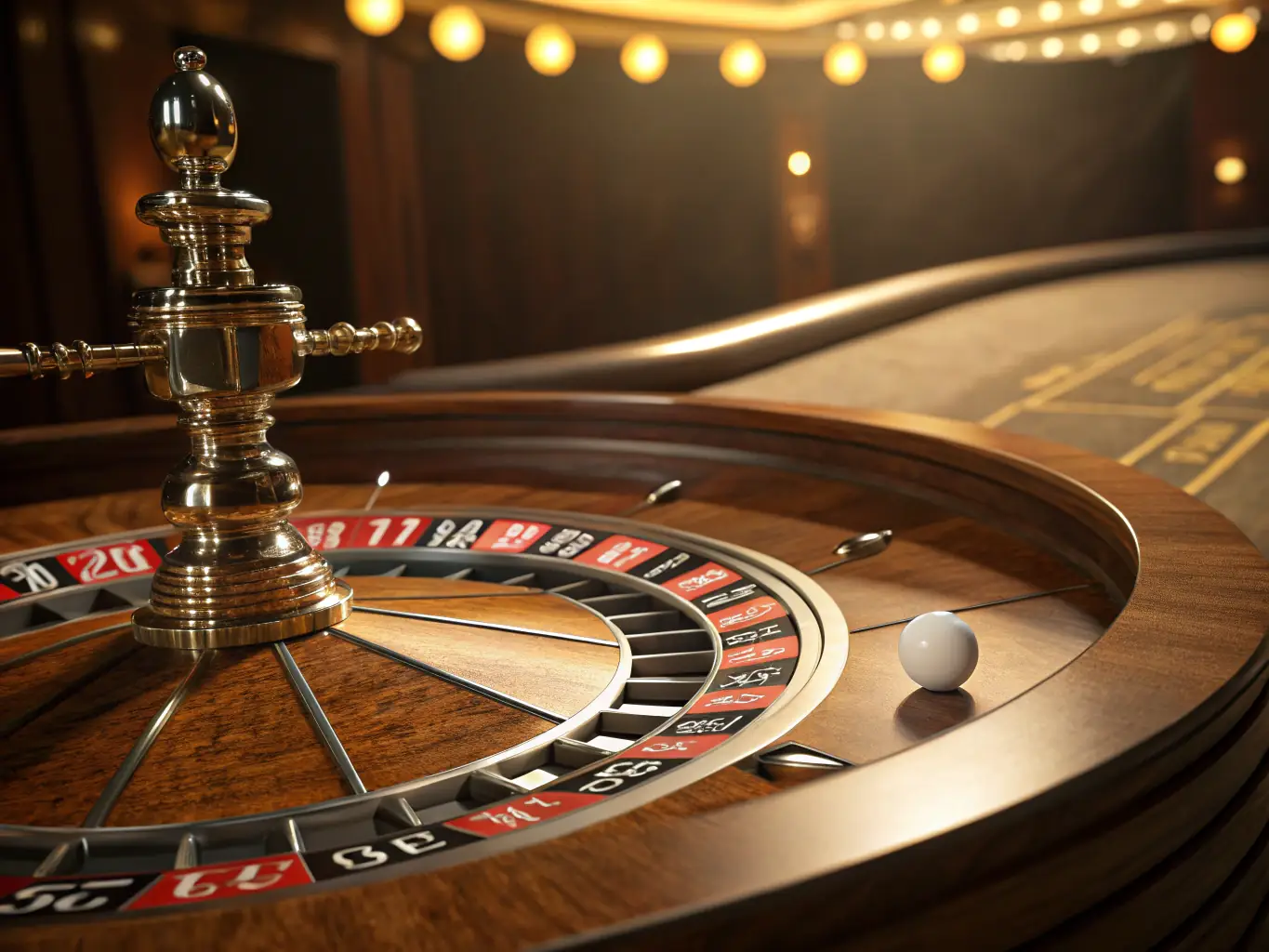 An elegant image of a roulette wheel spinning with a ball about to land on a number, set in a sophisticated casino environment, emphasizing the suspense and classic appeal of roulette at 3333bet casino.